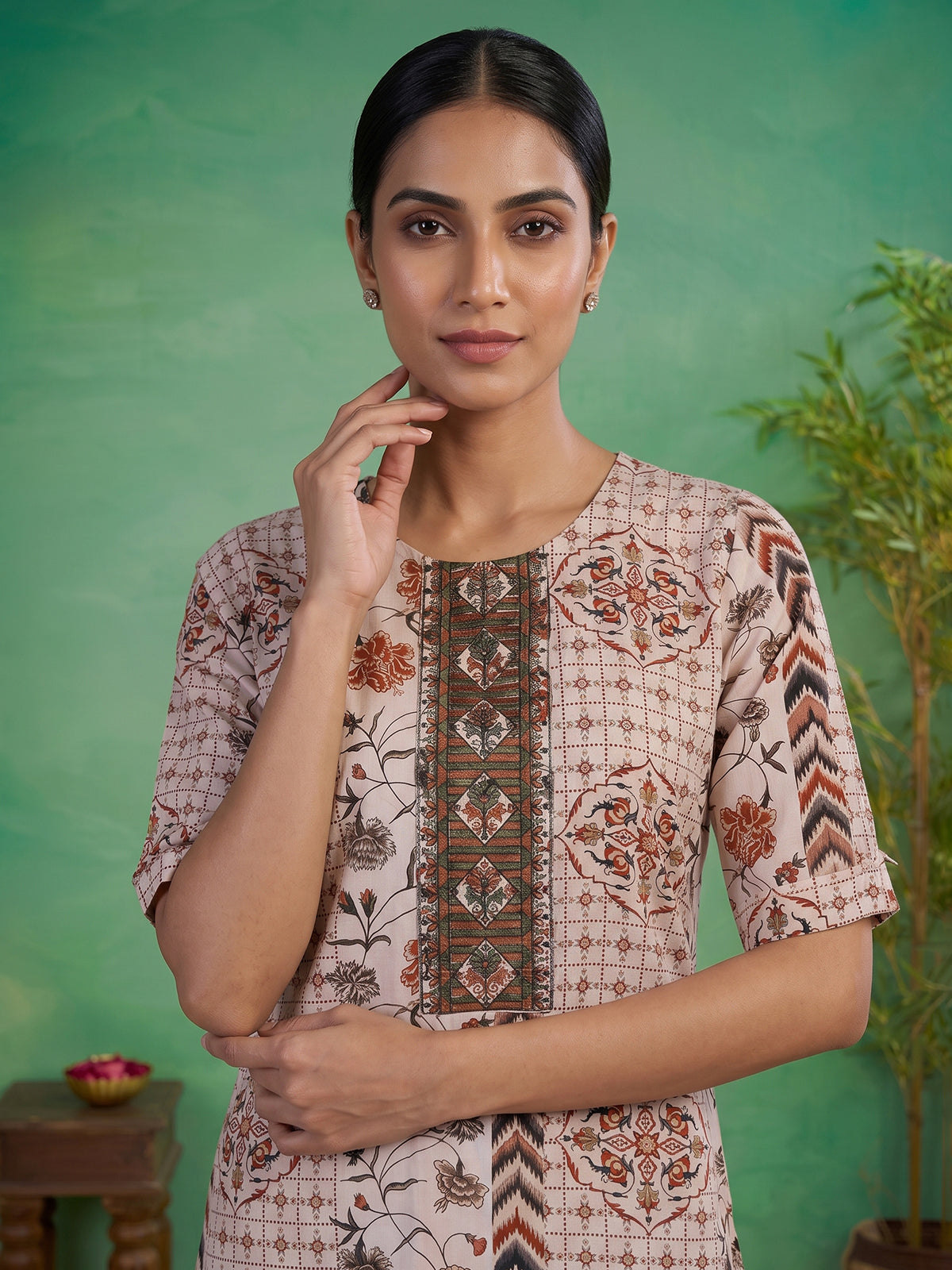 Beige silk printed yoke style kurti set with dupatta