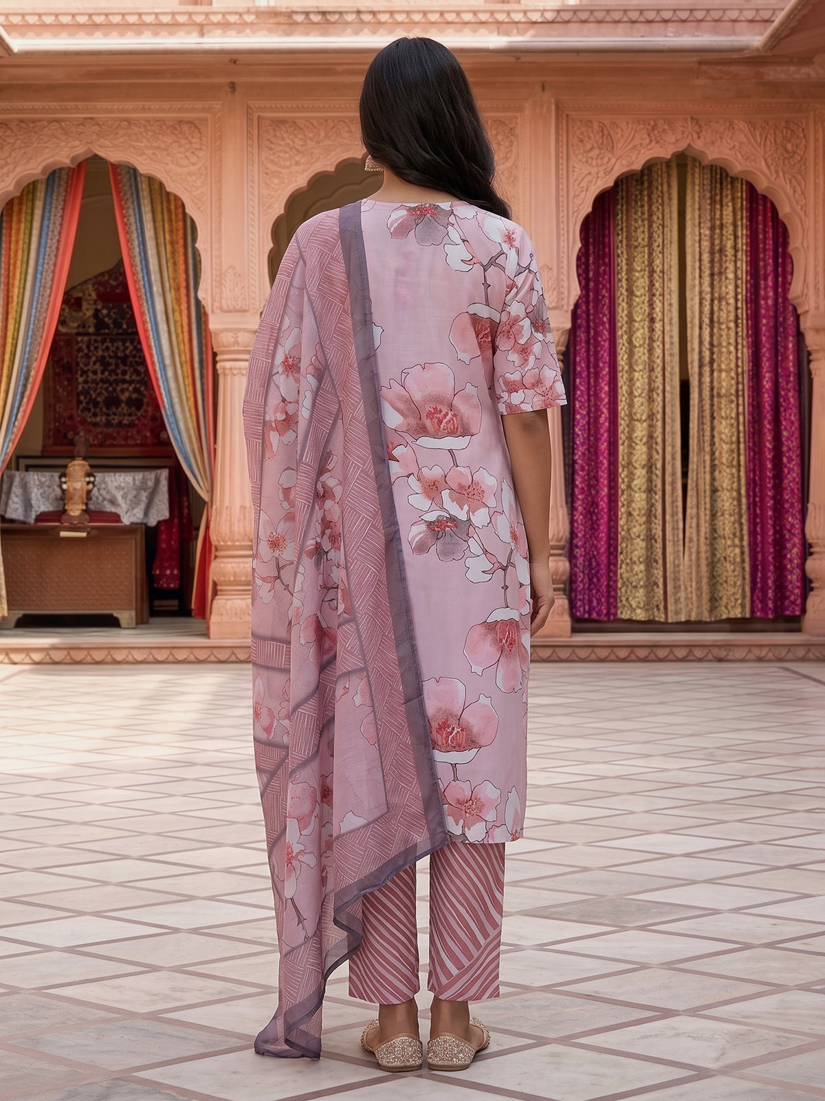 Onion pink modal silk yoke kurti set with dupatta and pants