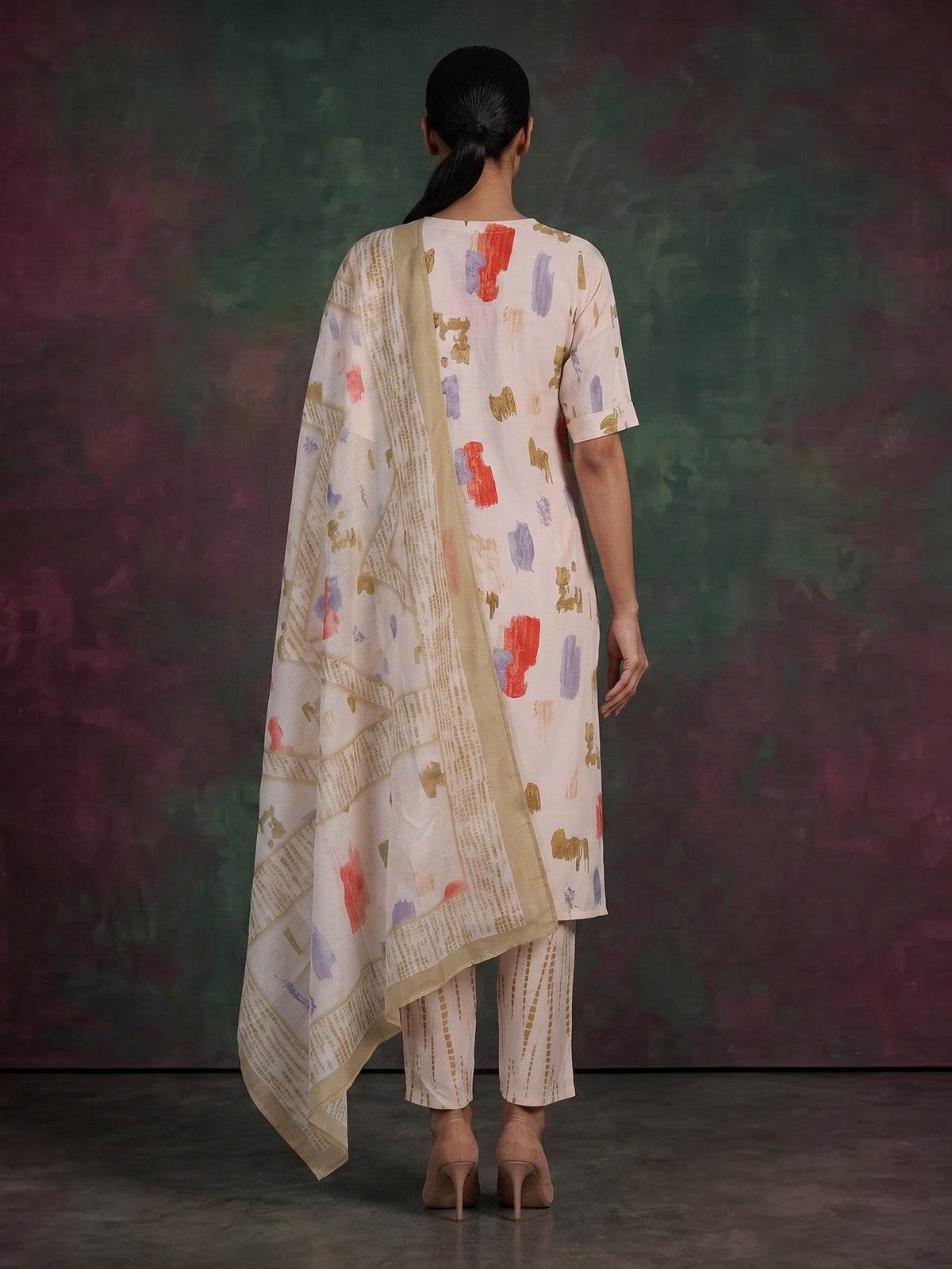 Beige modal silk yoke style kurti set with dupatta and pant