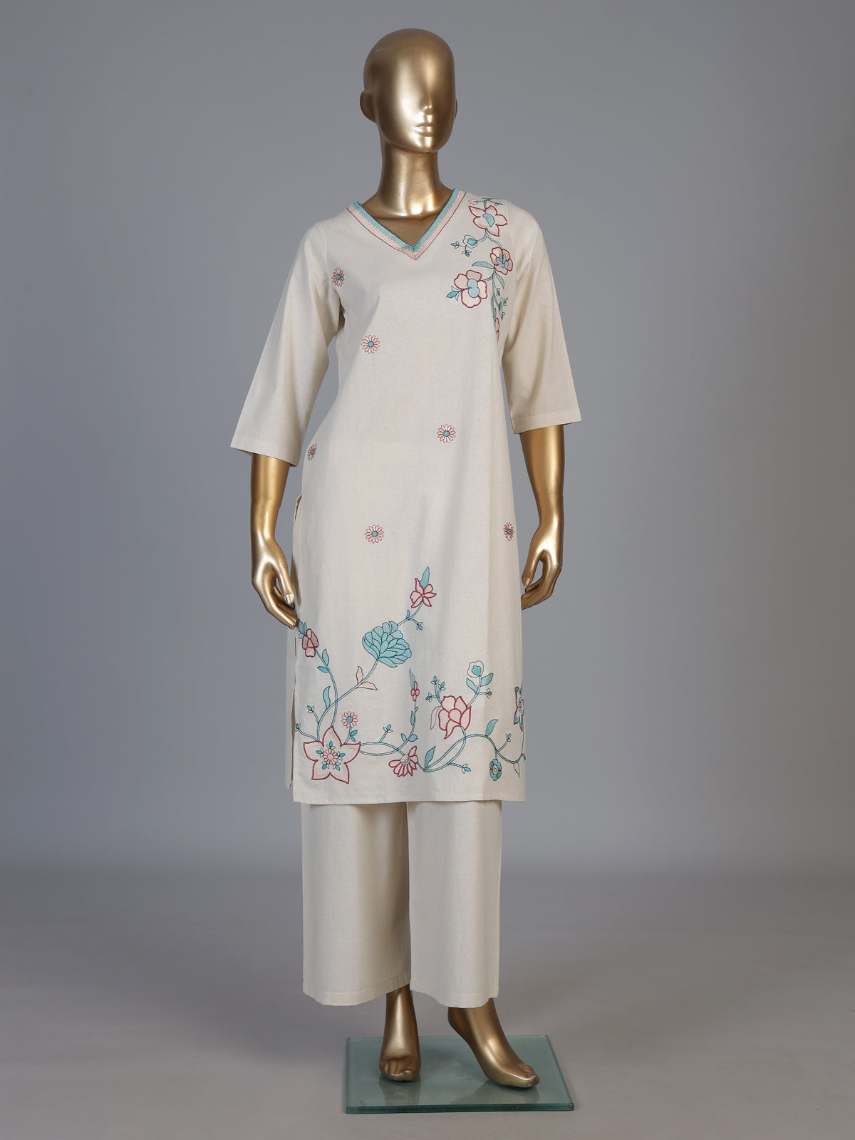 Cream linen straight cut kurti set with palazzo