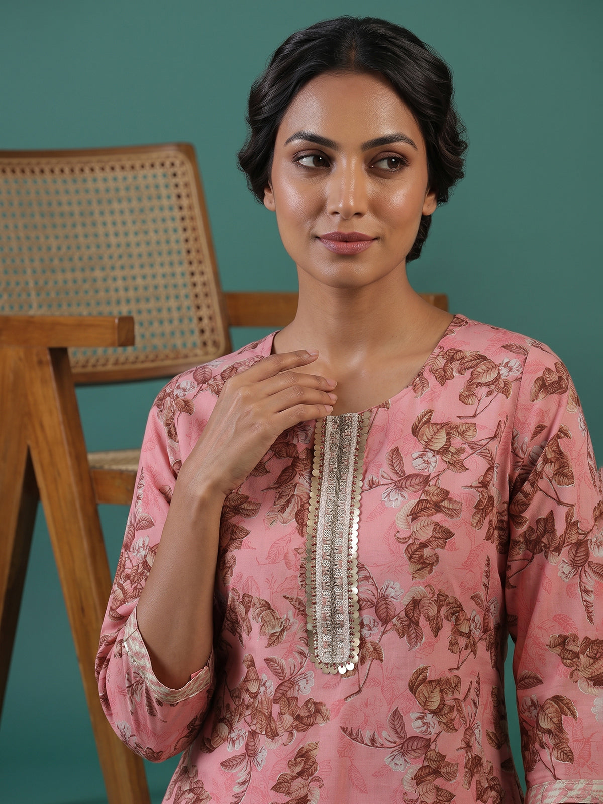 Pink silk printed straight cut kurti set with dupatta and pants