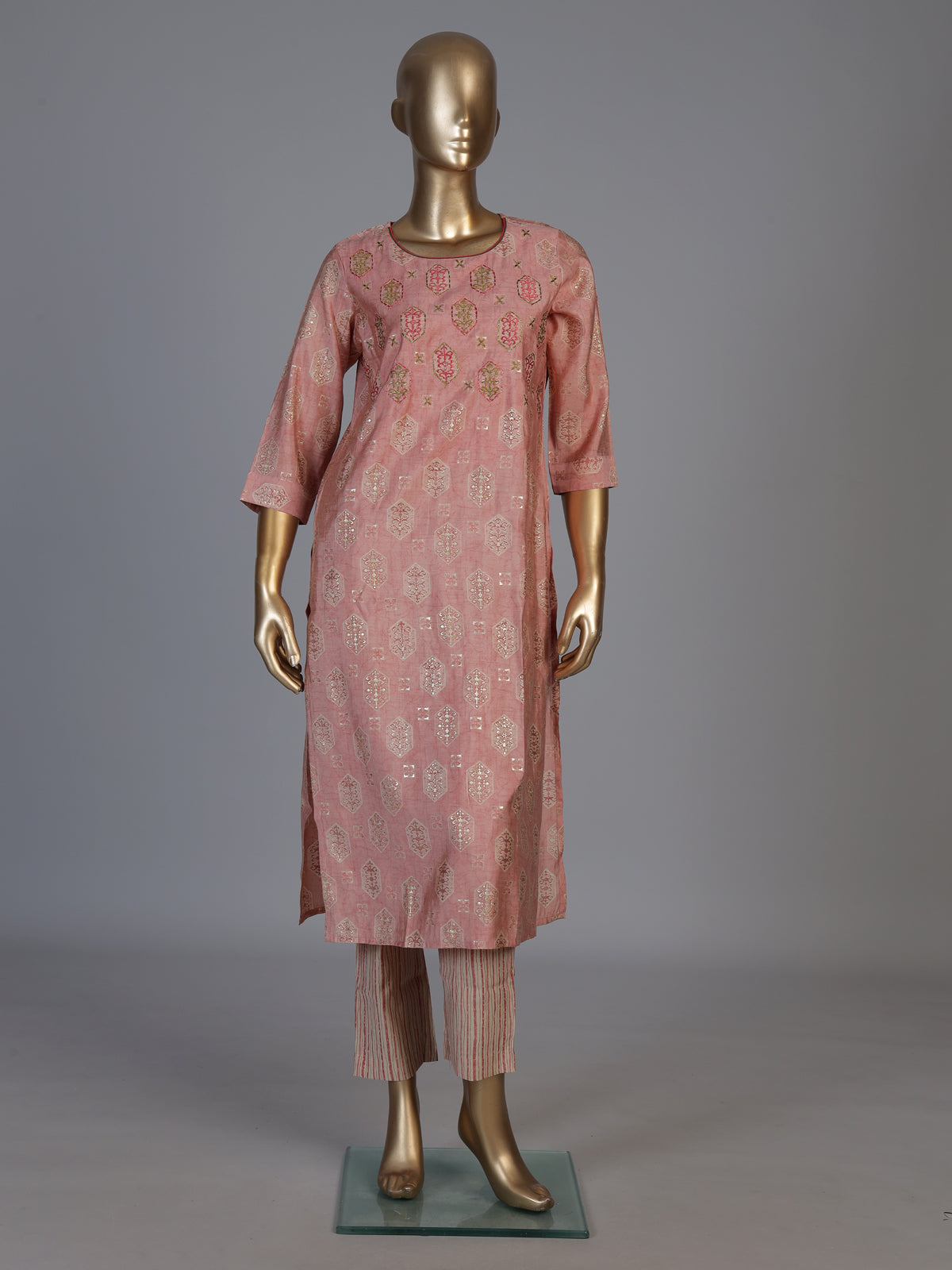 Onion pink silk printed kurti set with dupatta and pants