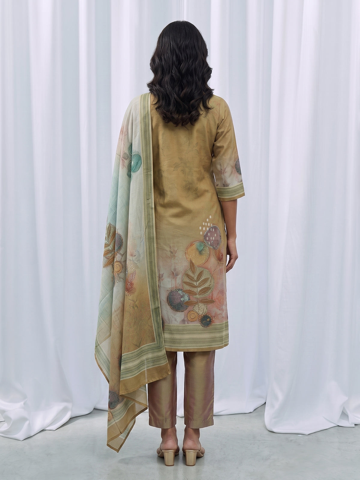 Beige silk printed kurti set with dupatta and pants