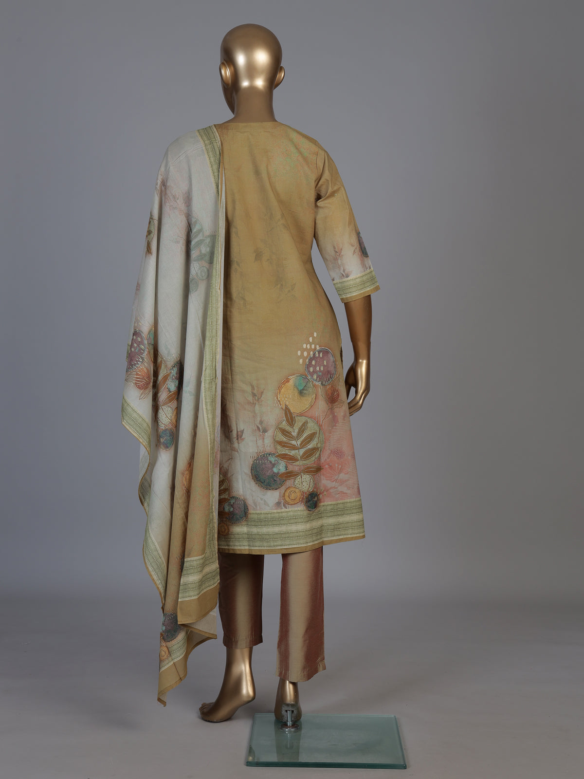 Beige silk printed kurti set with dupatta and pants