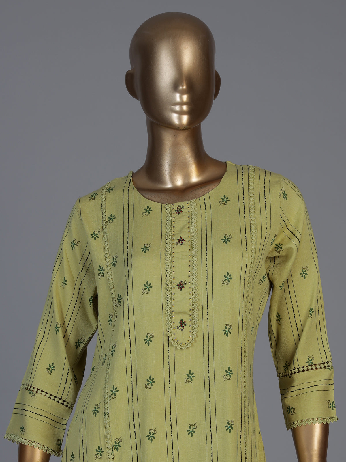 Green cotton printed straight cut kurti set with pants