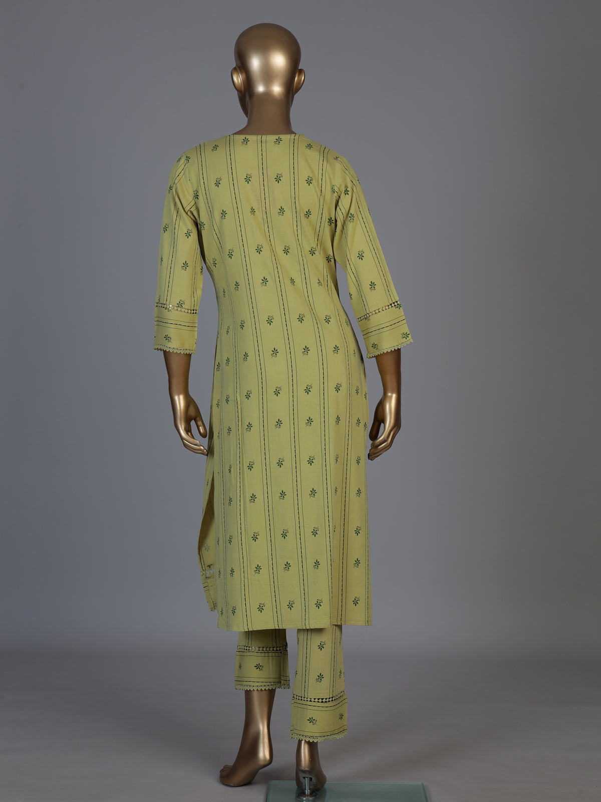 Green cotton printed straight cut kurti set with pants