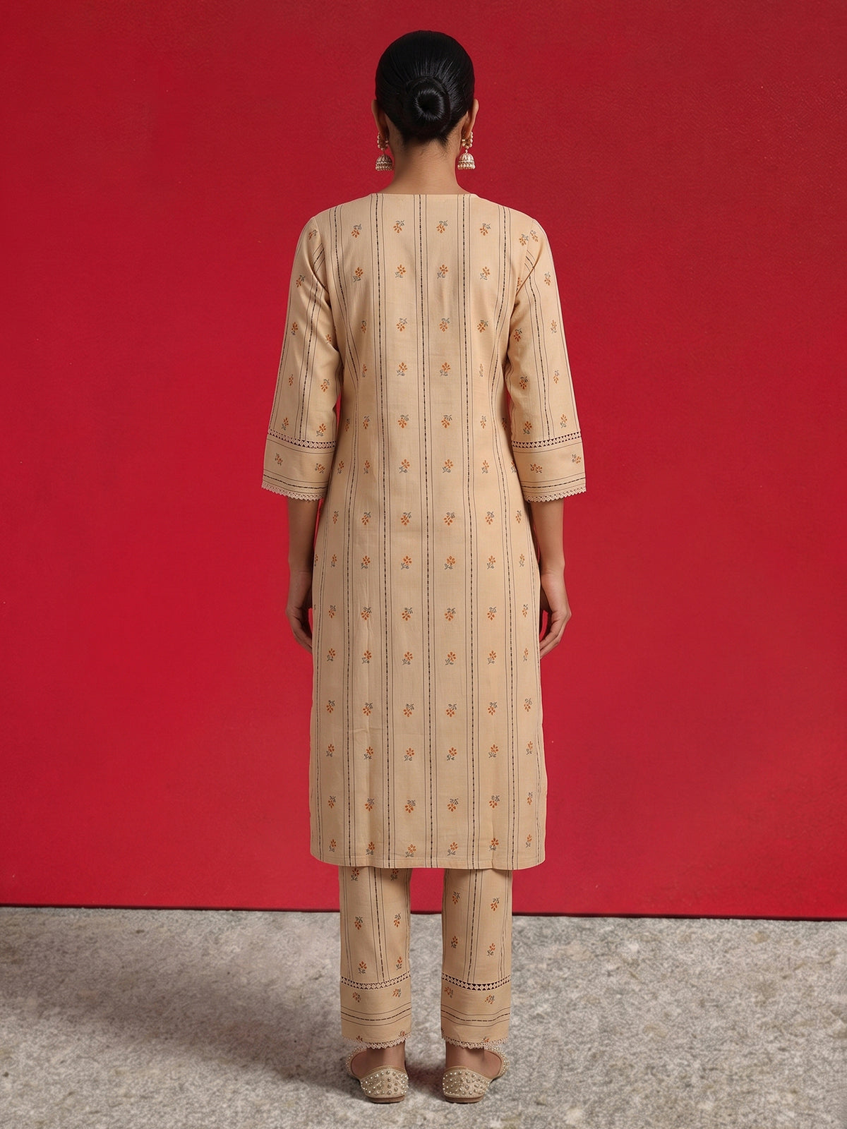 Beige cotton printed straight cut kurti set with comfortable pants