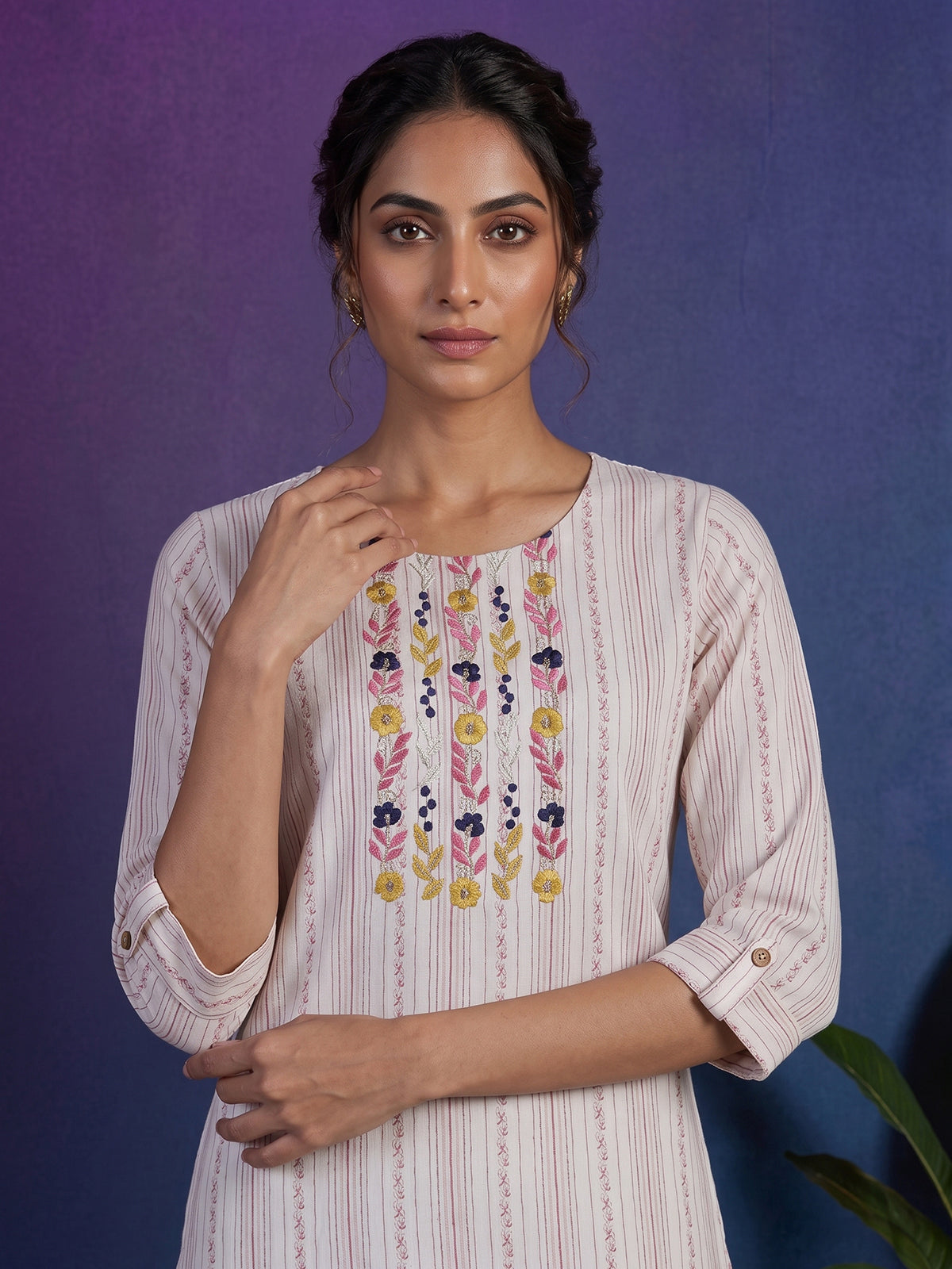 White cotton straight cut kurti set with delicate embroidery work