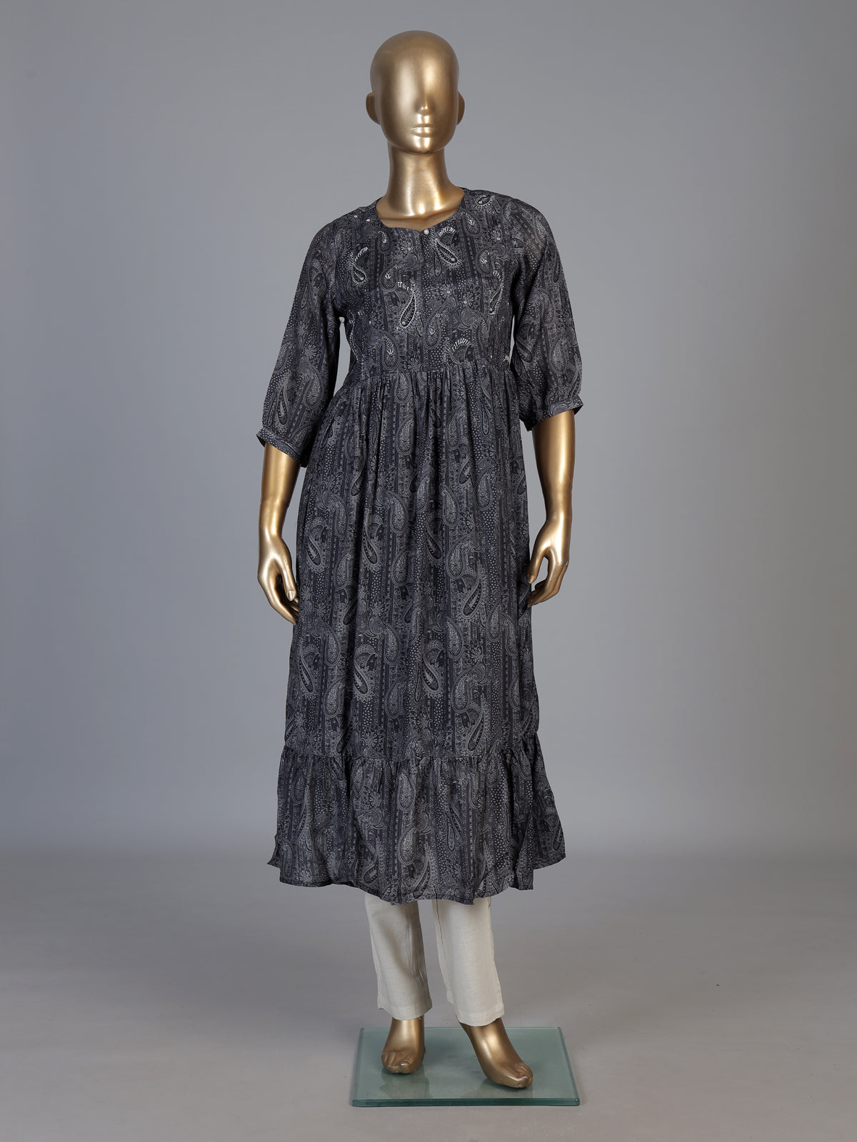 Grey silk printed yoke style kurti with thread work