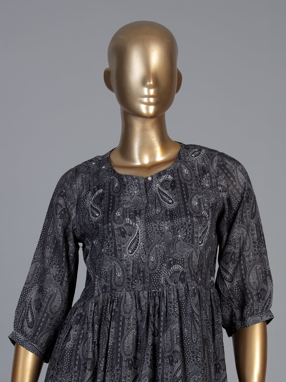 Grey silk printed yoke style kurti with thread work