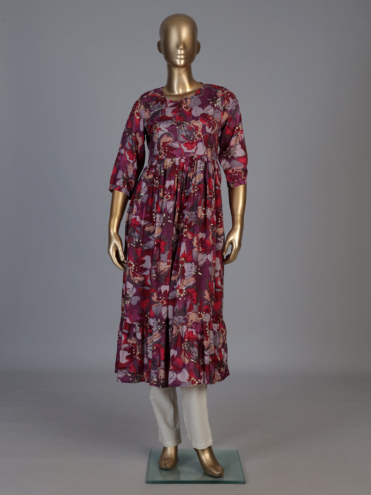 Purple silk floral printed kurti with elegant thread work