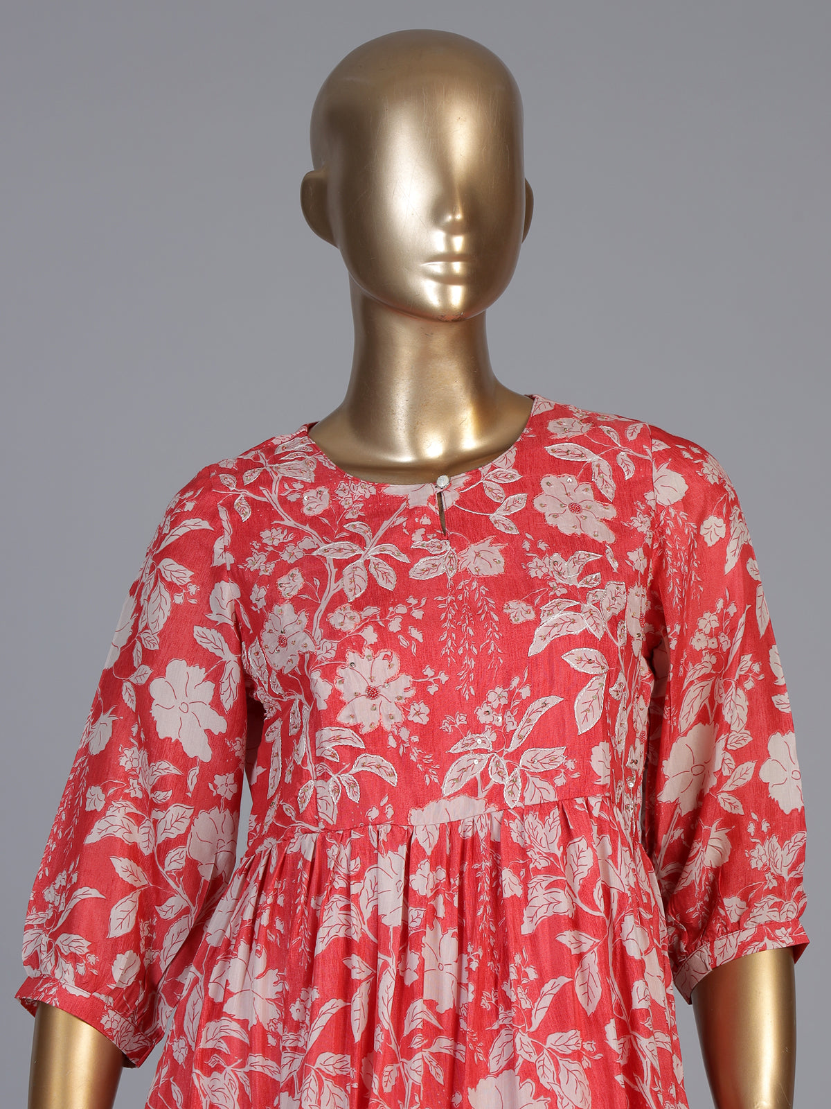 Red silk floral printed kurti with delicate sequins work