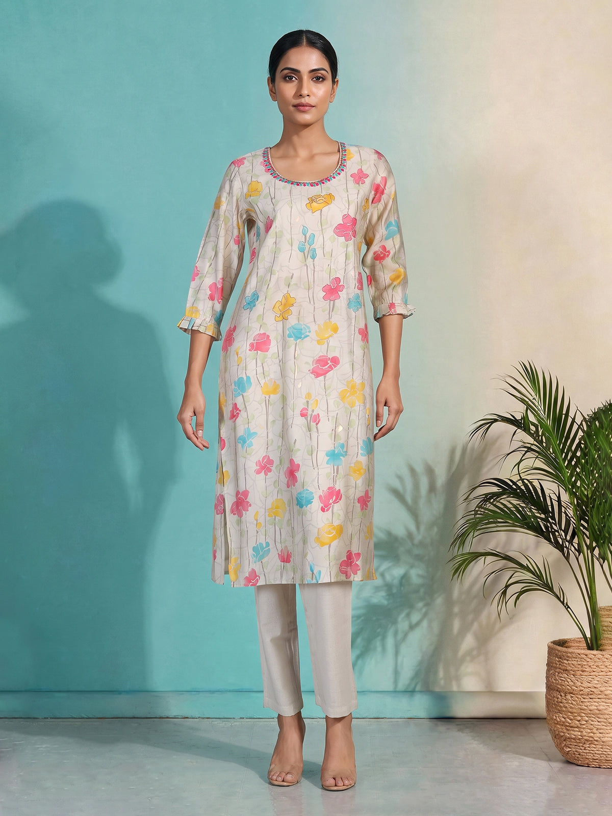 Cream silk floral printed kurti with graceful zari and aabla detailing