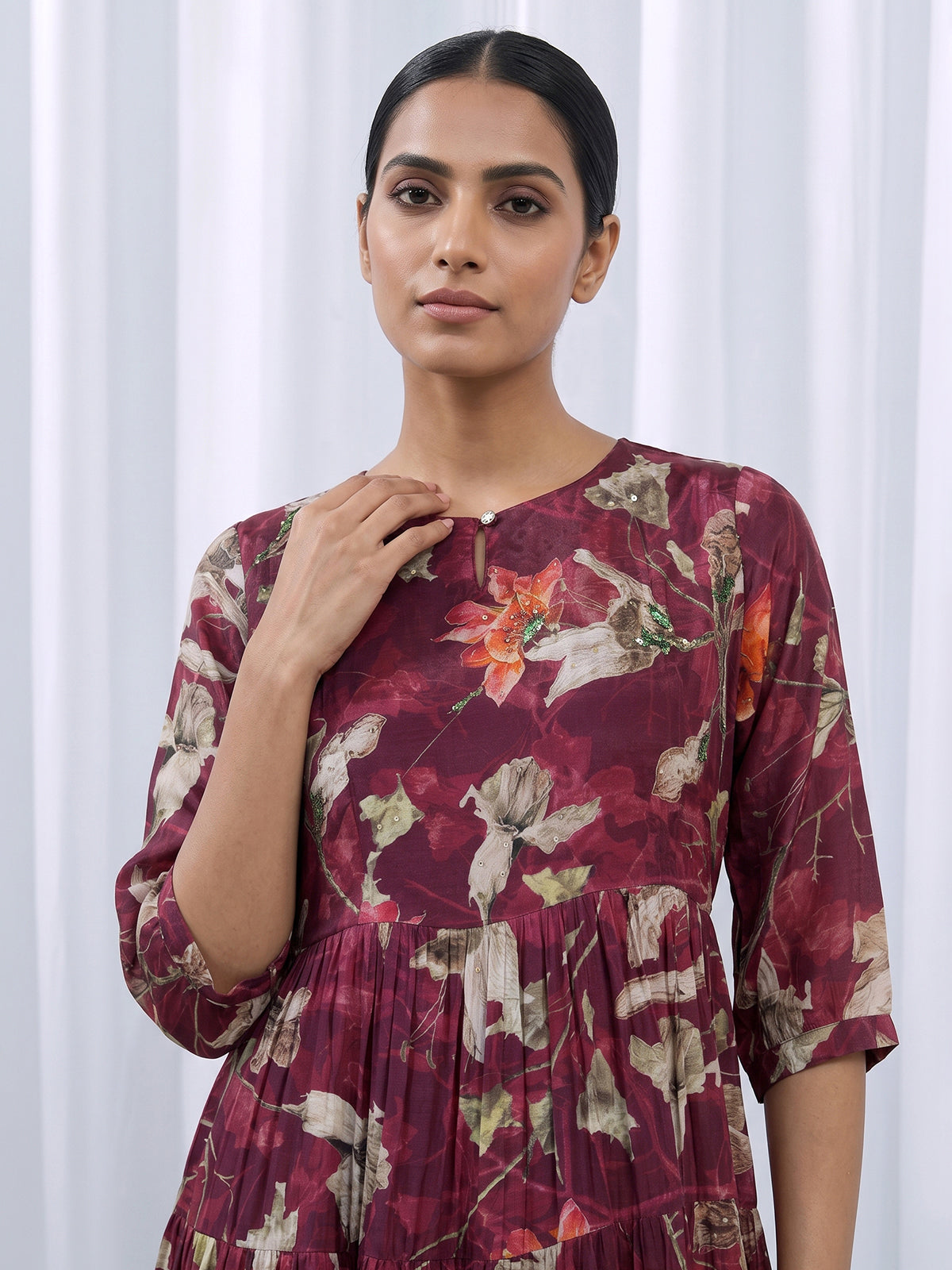 Purple paper silk floral printed kurti with delicate cutdana embellishments