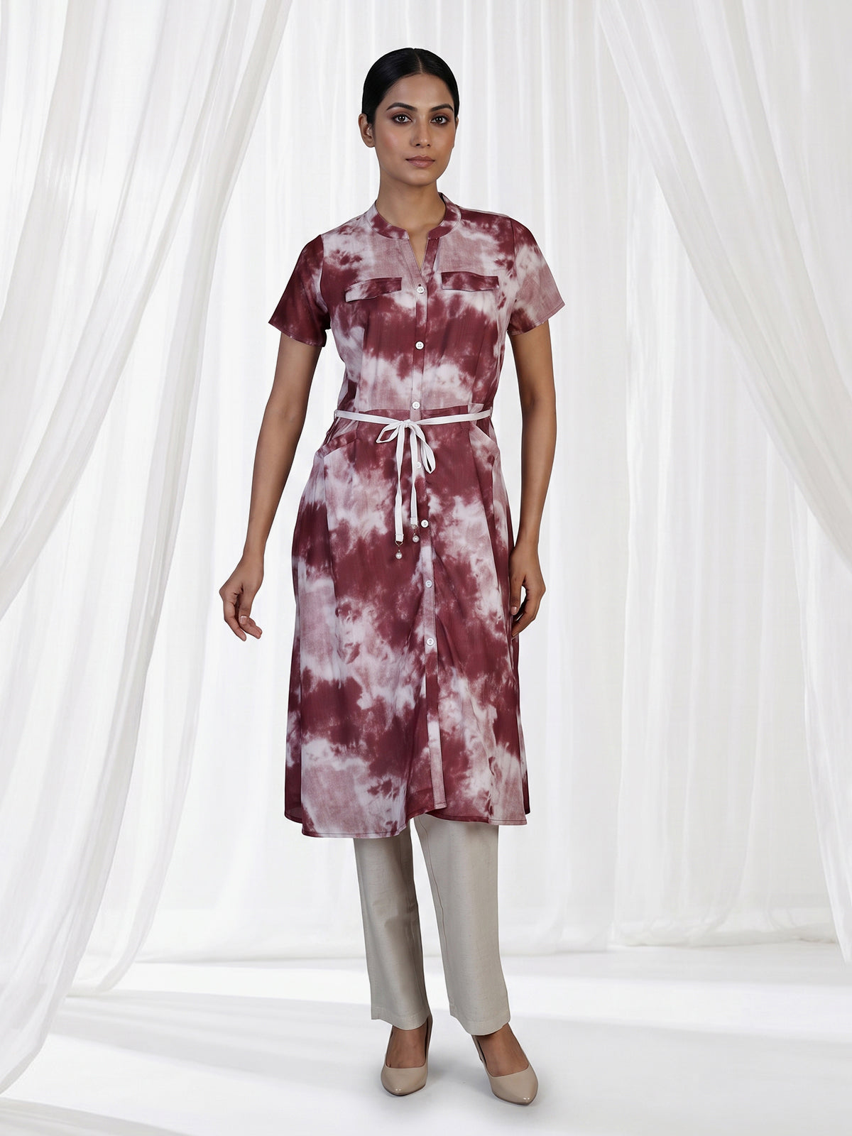 Wine chiffon shaded printed kurti with stand collar and waist belt