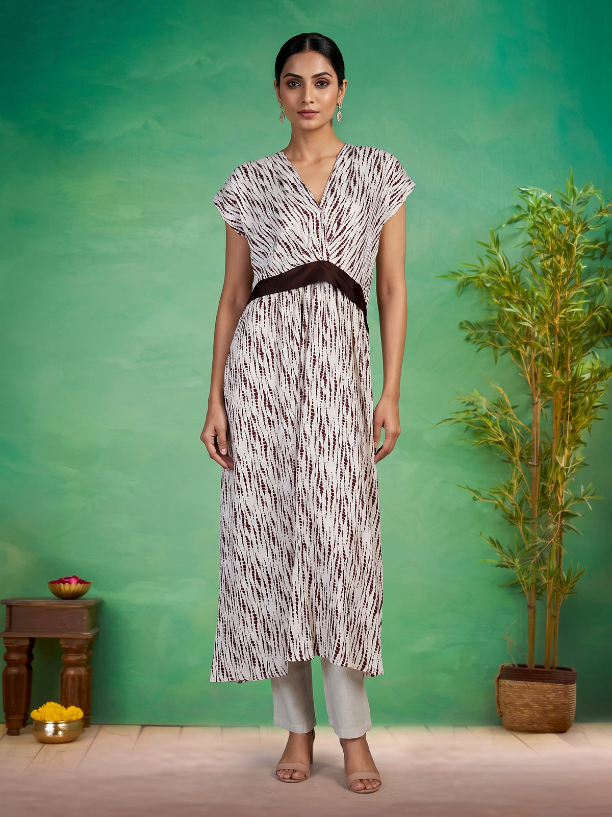 Brown chiffon georgette printed V neck casual kurti for women