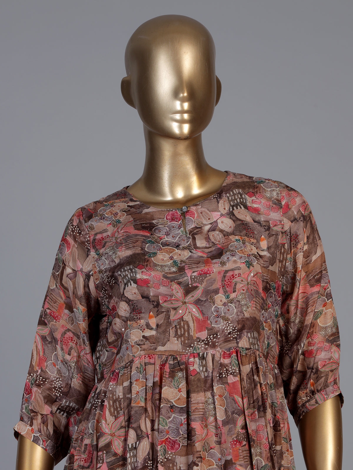 Brown silk floral printed kurti with intricate cutdana work