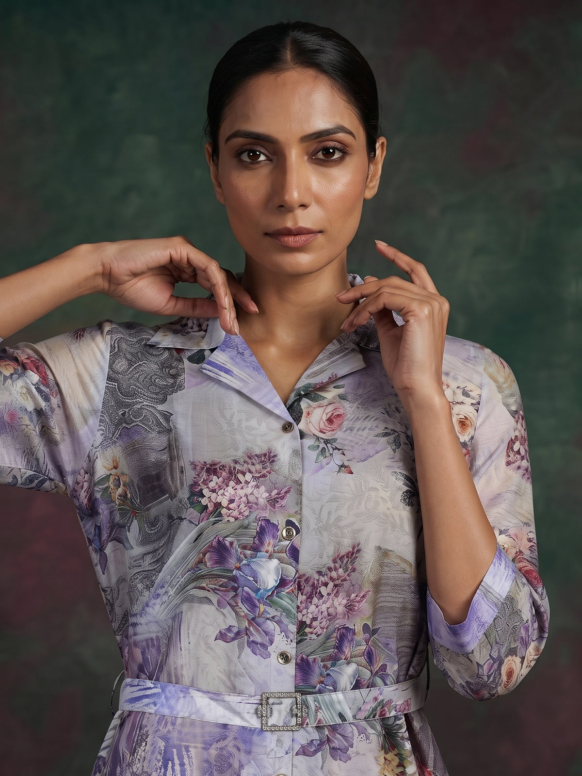 Grey tussar silk floral printed kurti with collar neck and waist belt