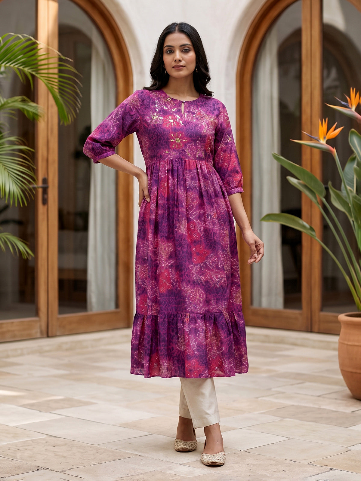 Purple tussar silk floral printed kurti with pearls work