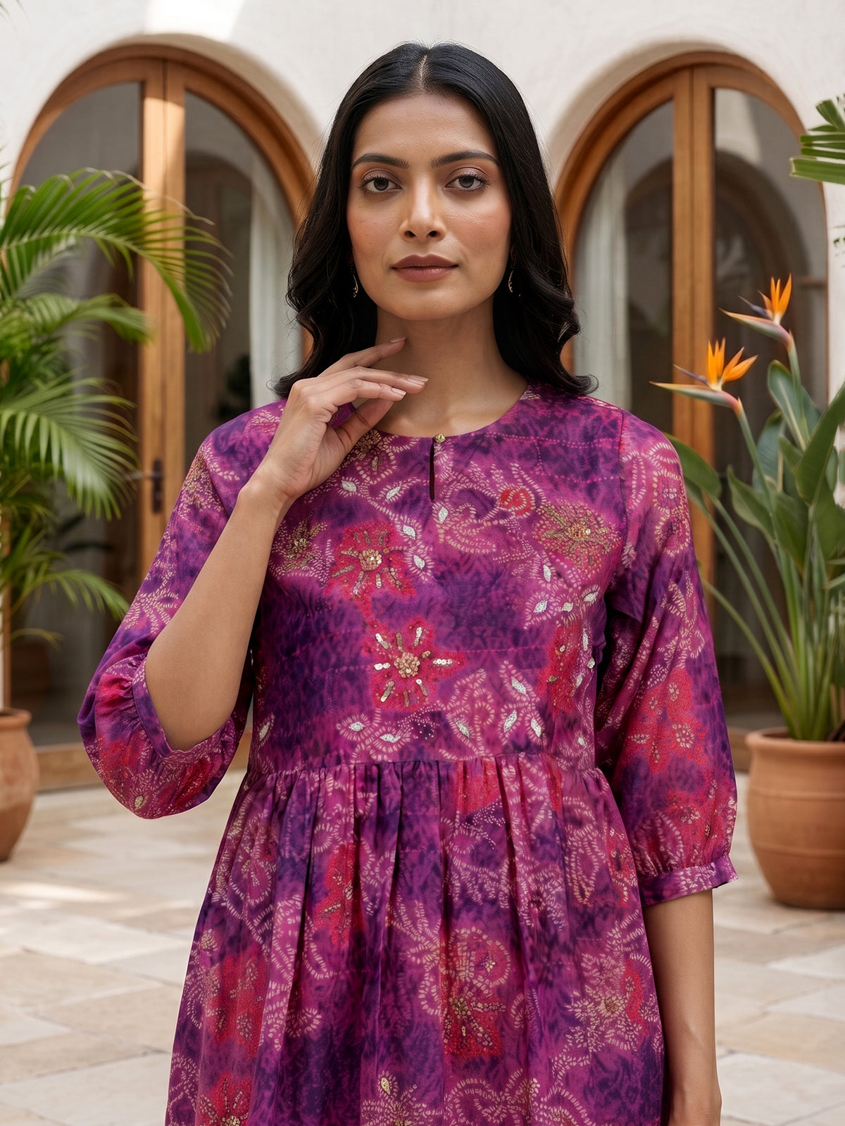 Purple tussar silk floral printed kurti with pearls work