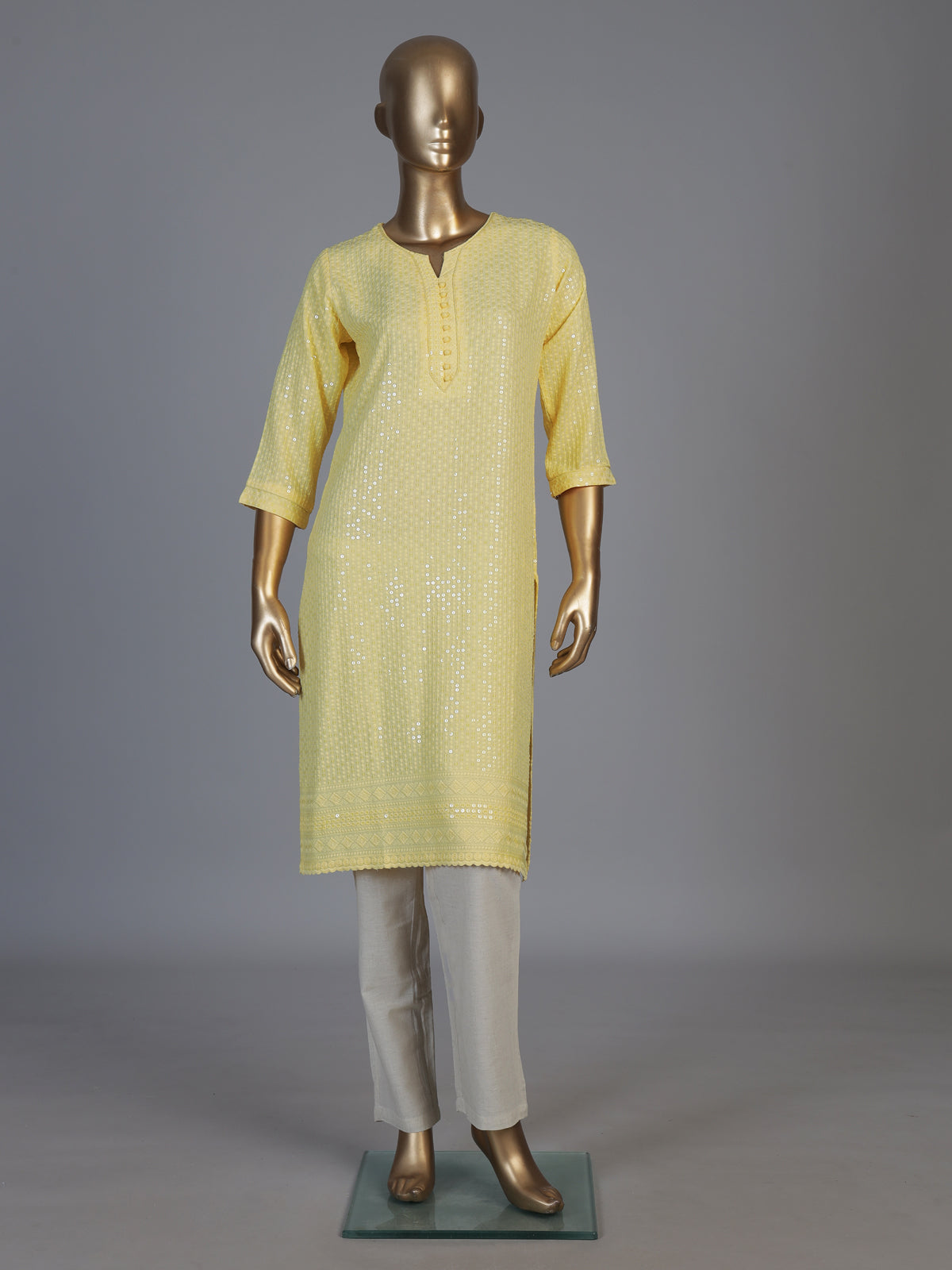 Yellow chikan embroidery kurti with shimmering quarter sleeves