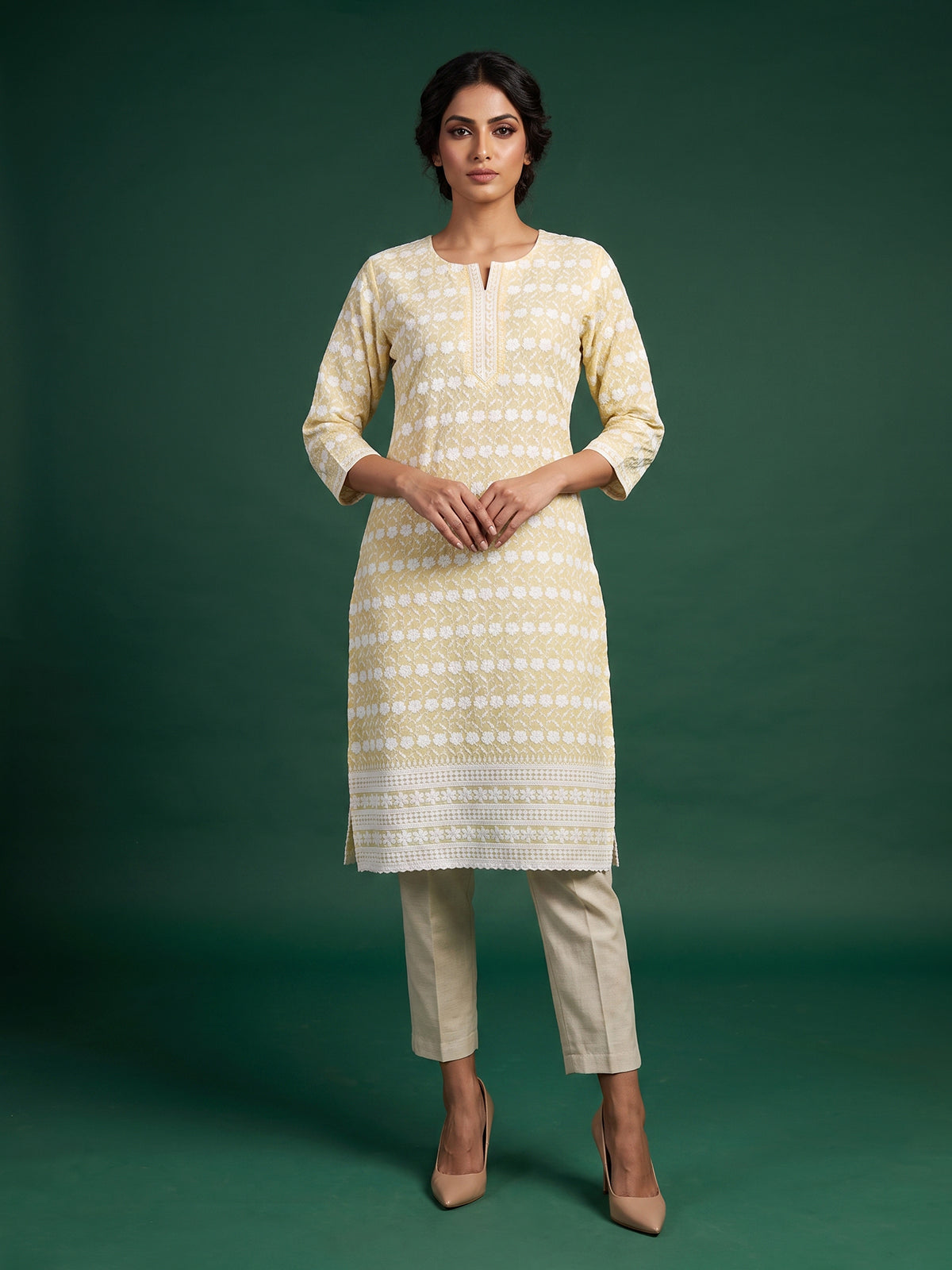 Yellow chikan embroidery kurti with elegant quarter sleeves for women