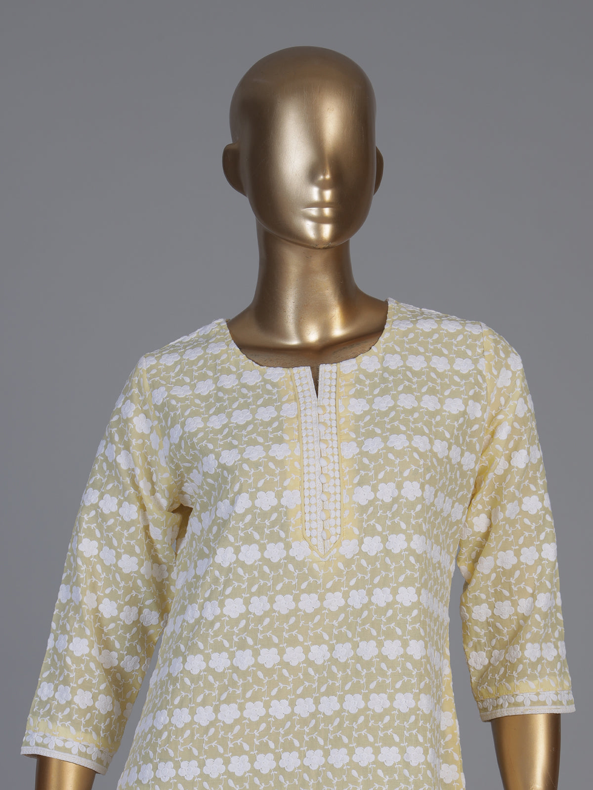 Yellow chikan embroidery kurti with elegant quarter sleeves for women