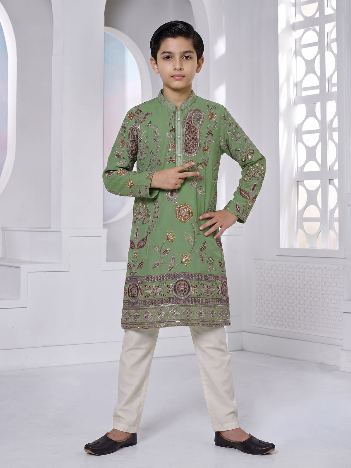 Pista green georgette printed kurta suit with sequin work for boys