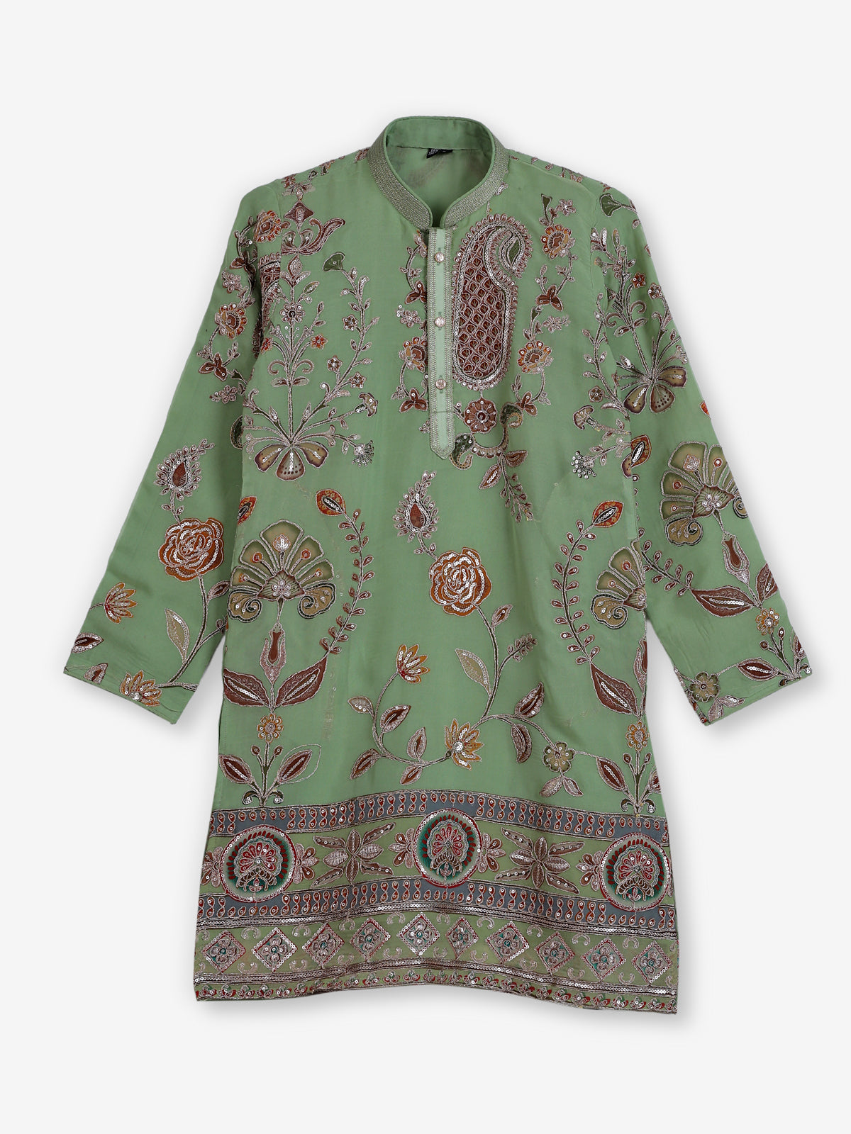 Pista green georgette printed kurta suit with sequin work for boys