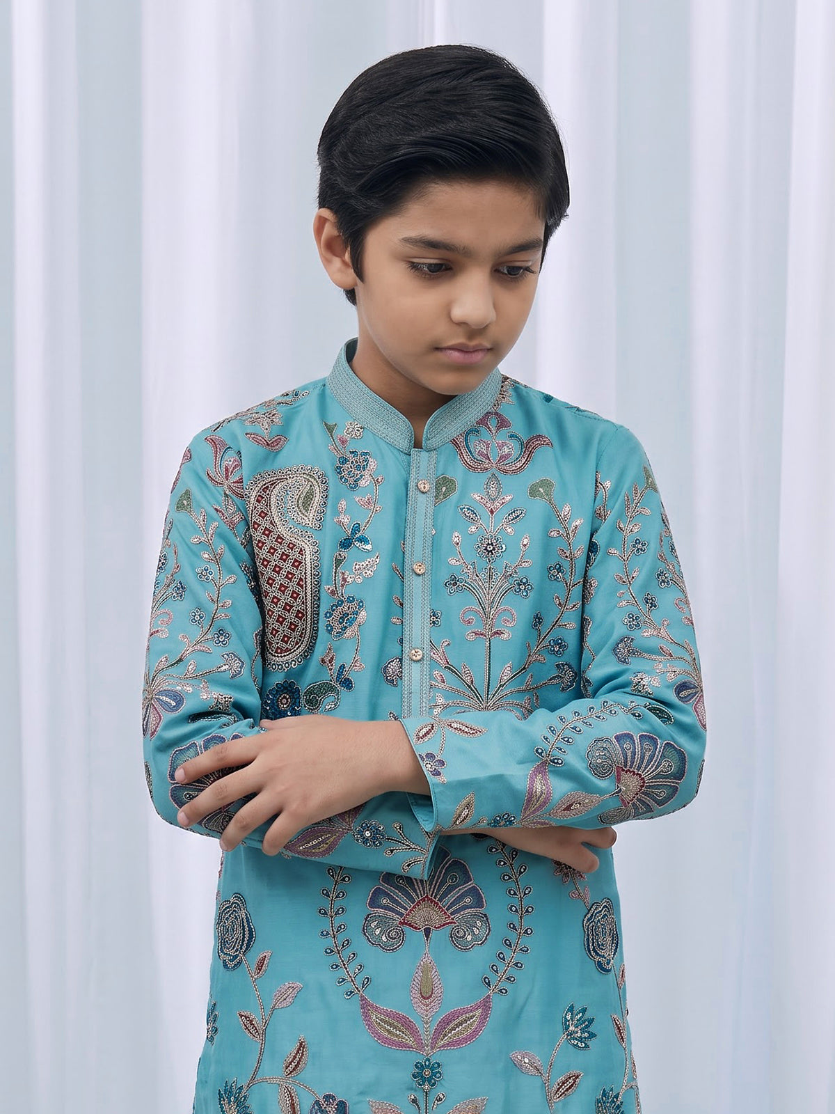 Aqua blue georgette printed kurta suit with embroidery for boys