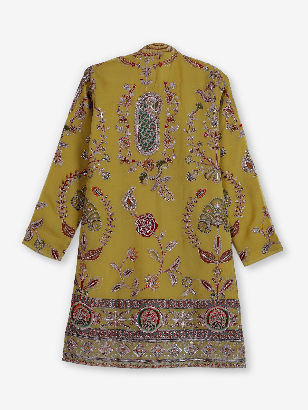 Yellow georgette printed kurta suit with embroidered detailing for boys