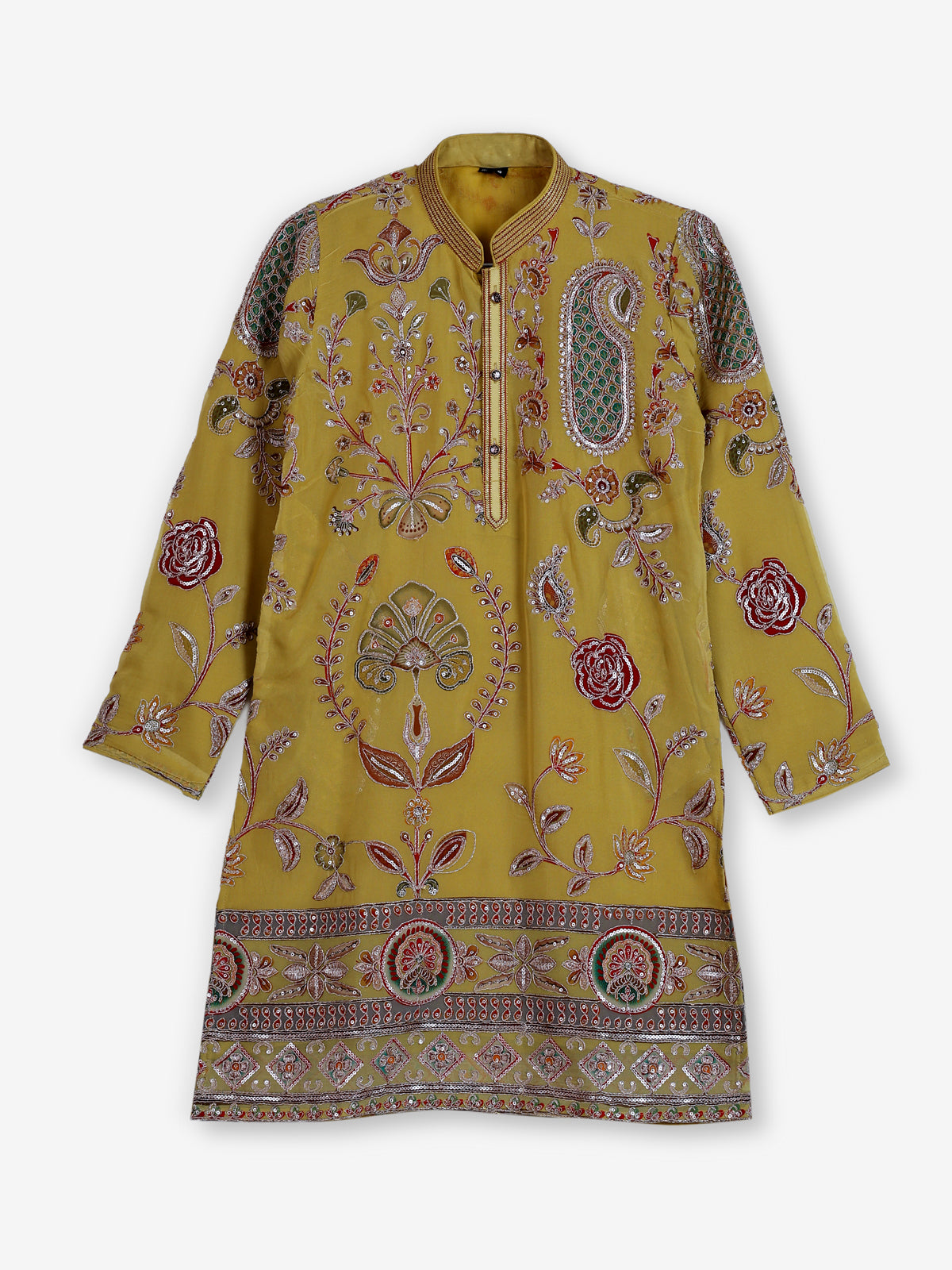 Yellow georgette printed kurta suit with embroidered detailing for boys