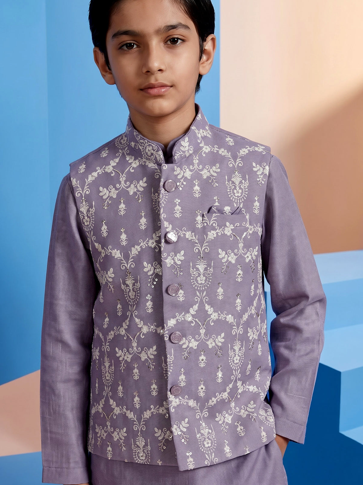 Lavender purple cotton linen waistcoat set for boys