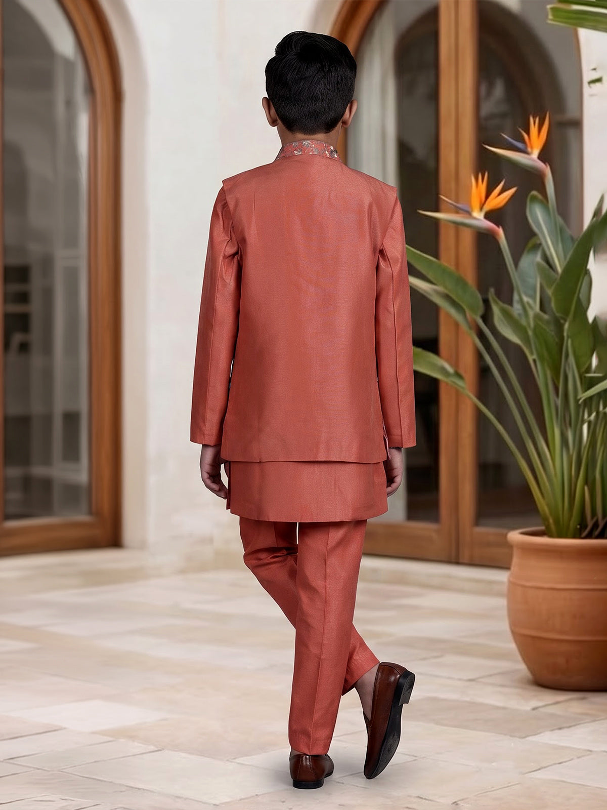 Rust silk blend boys indowestern suit with waist jacket