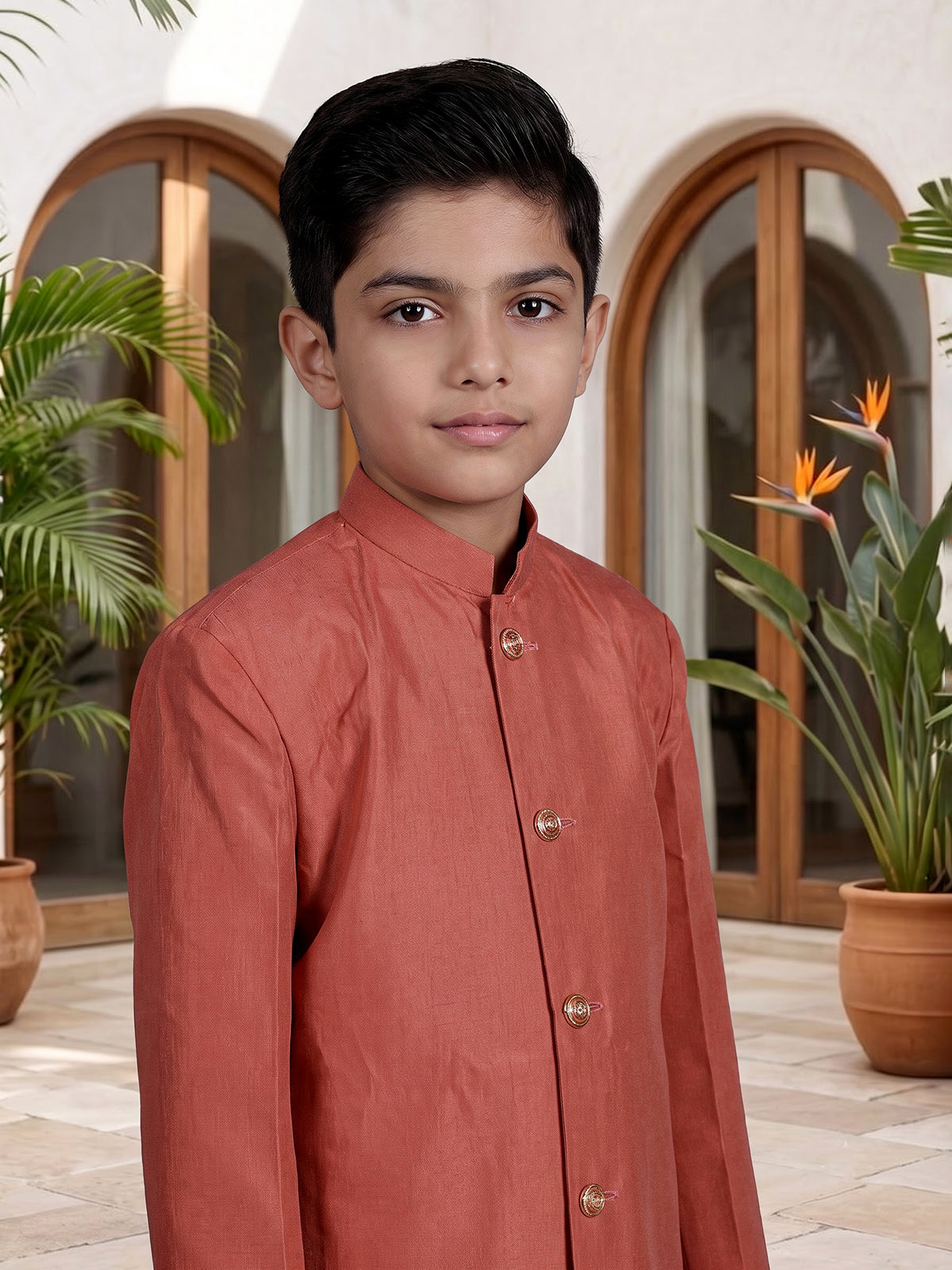 Rust silk blend boys indowestern suit with waist jacket