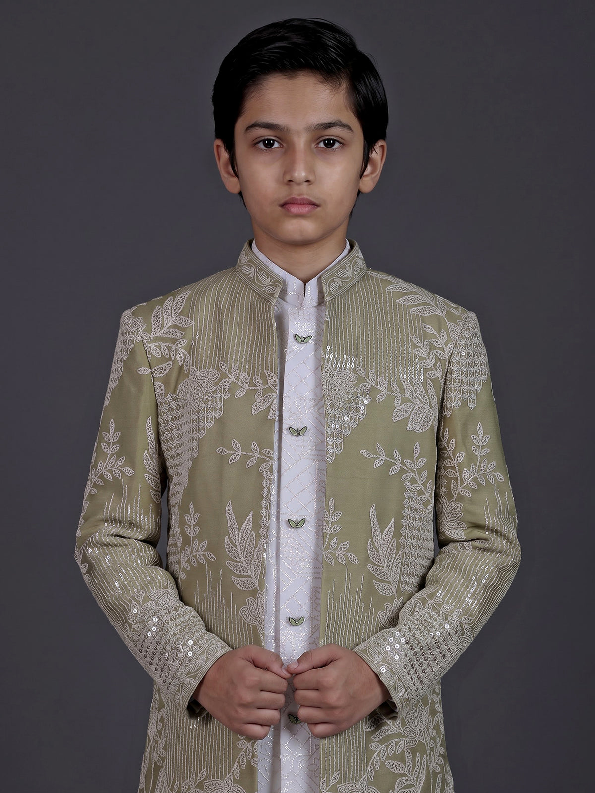 Pista green boys silk blend indowestern suit with embroidered jacket