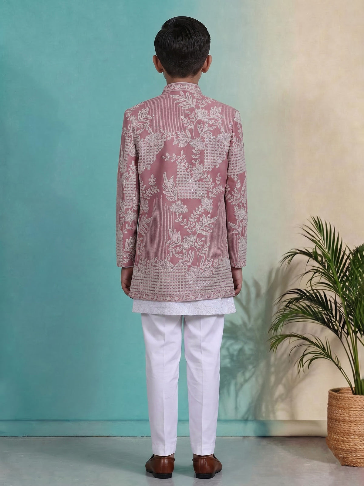 Blush pink boys indowestern suit with embroidered jacket