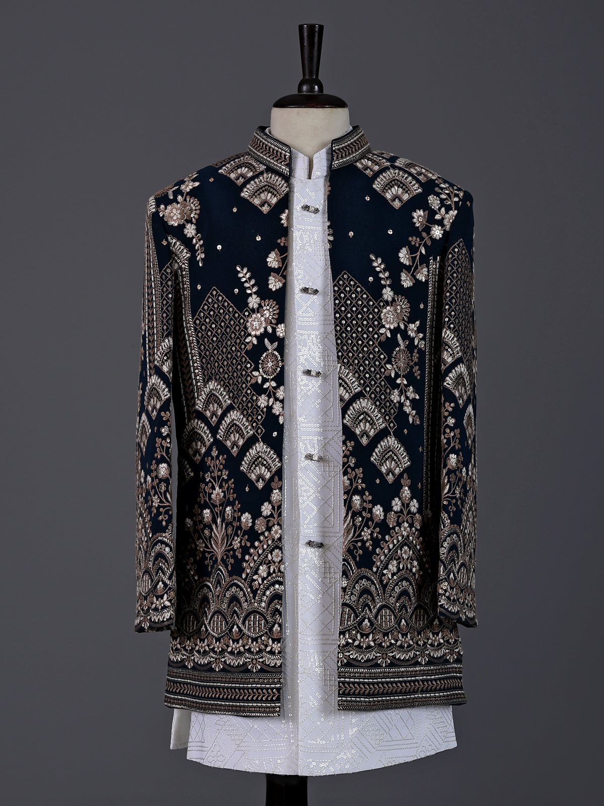 Dark navy blue boys indowestern suit with embellished jacket