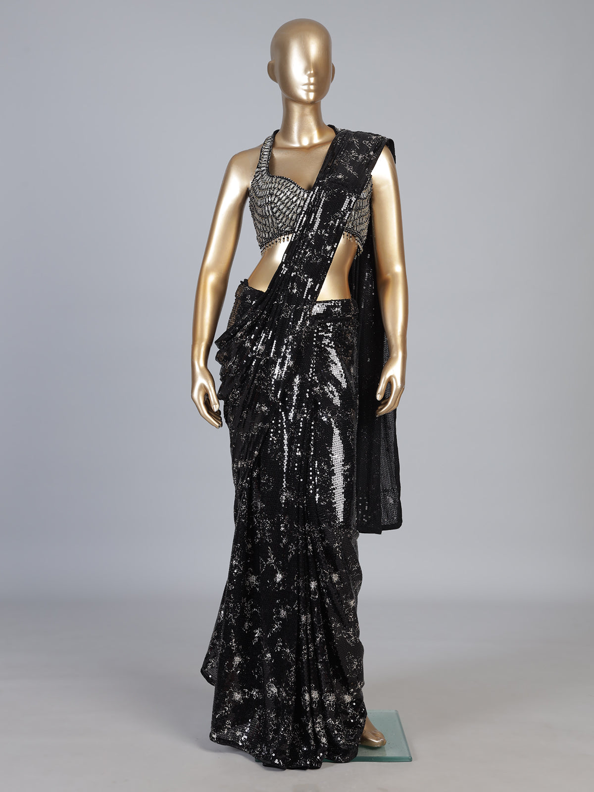 Black net ready to wear saree with diamond cutdana embellishments