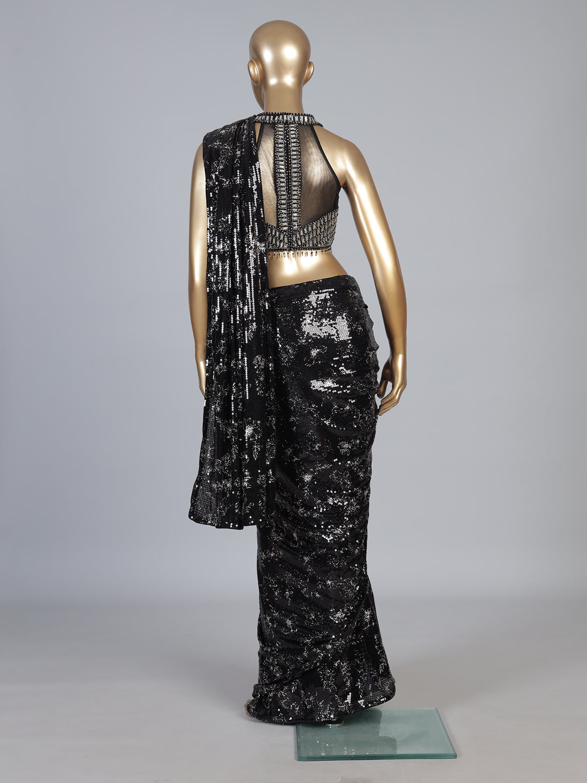 Black net ready to wear saree with diamond cutdana embellishments