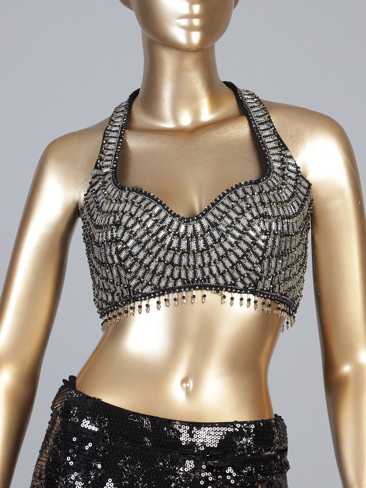 Black net ready to wear saree with diamond cutdana embellishments