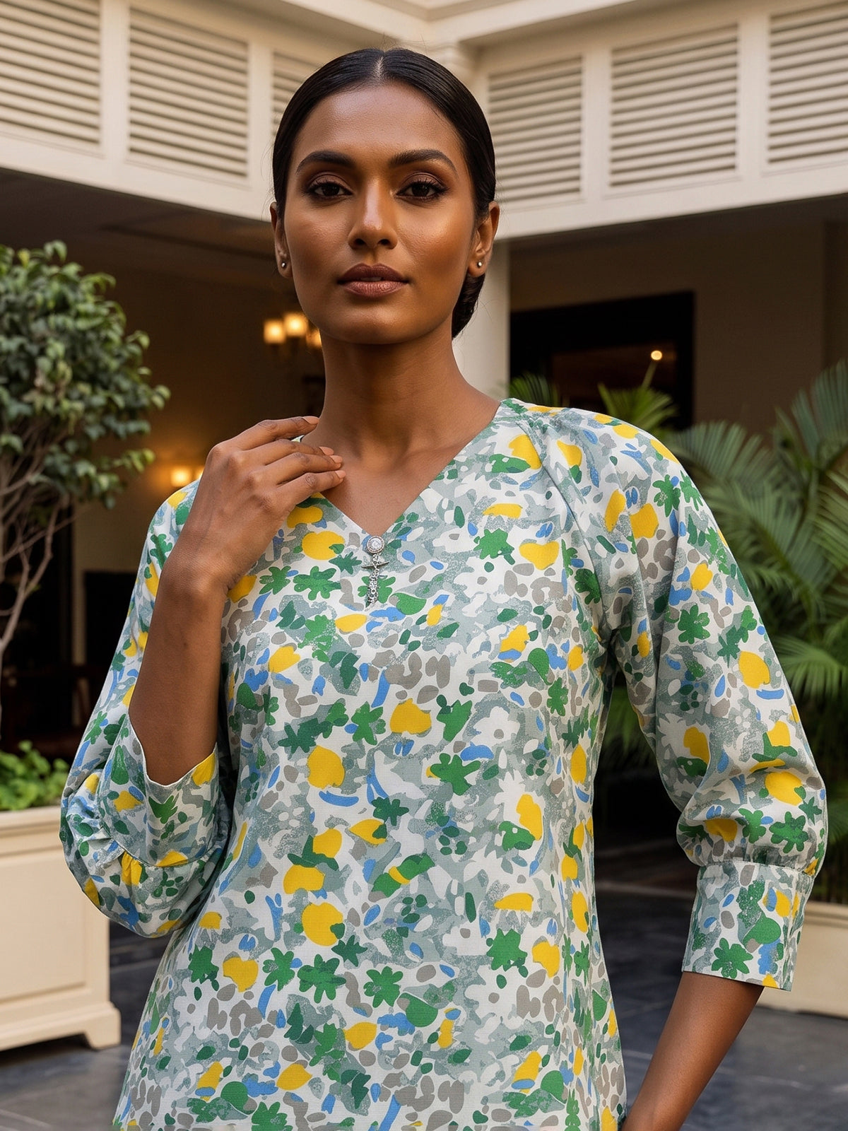 Green rayon cotton floral pant co ord set with flattering V neck