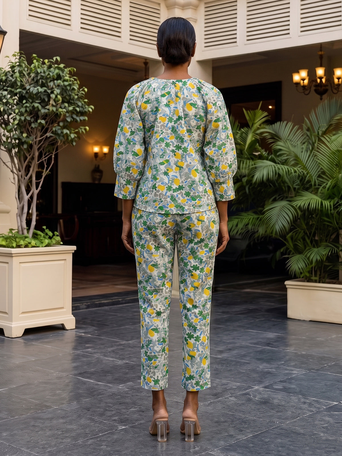 Green rayon cotton floral pant co ord set with flattering V neck