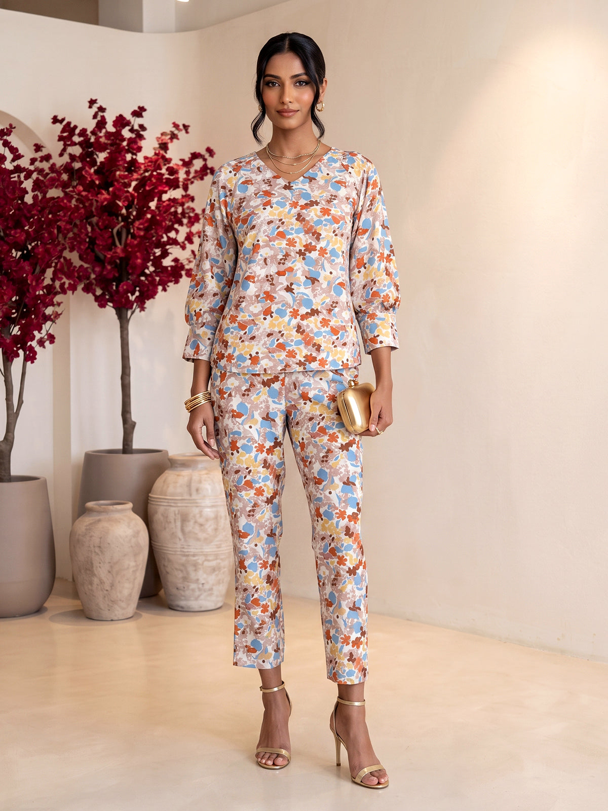 Brown rayon cotton floral pant co ord set with V neck styling