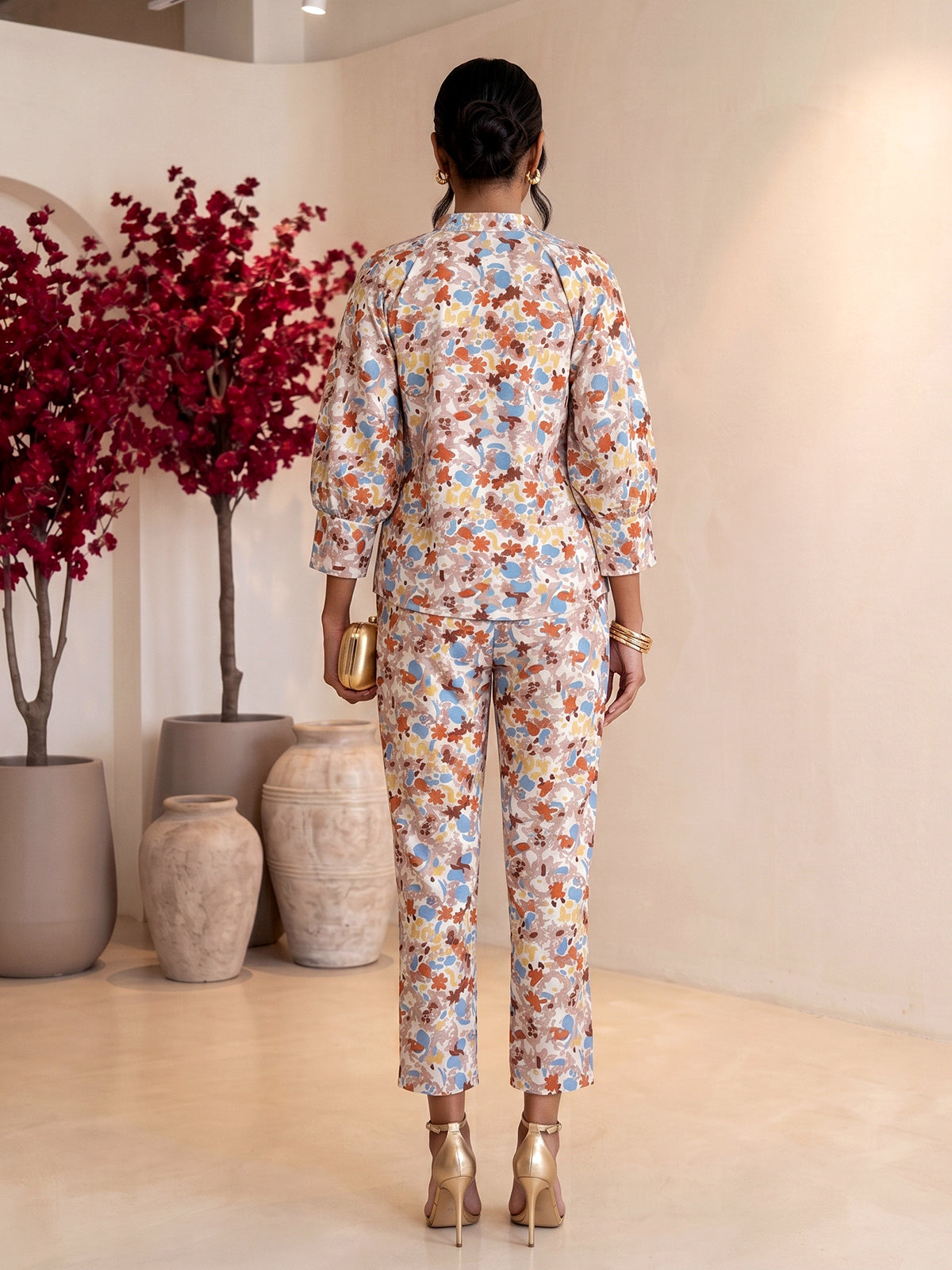 Brown rayon cotton floral pant co ord set with V neck styling