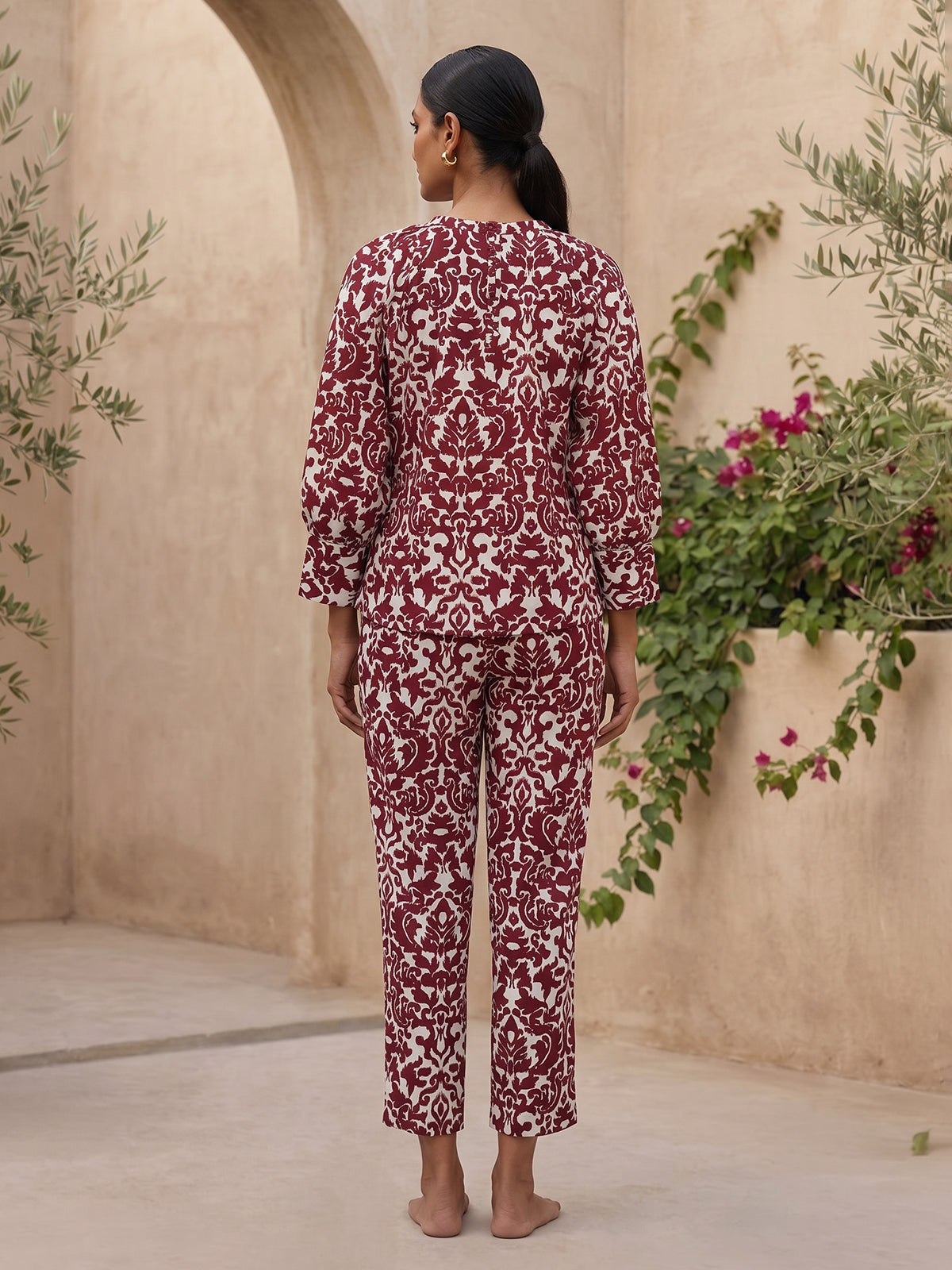 Maroon rayon cotton printed pant co ord set with V neck