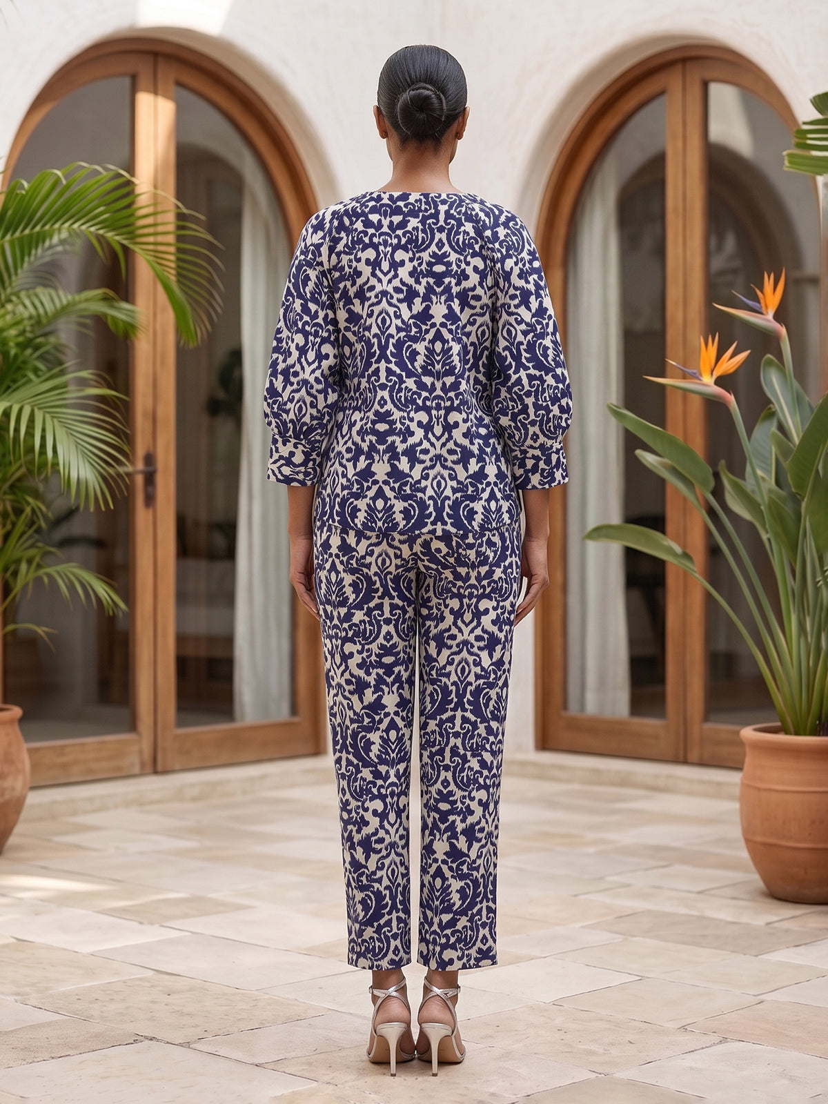 Blue rayon cotton printed pant co ord set with V neck