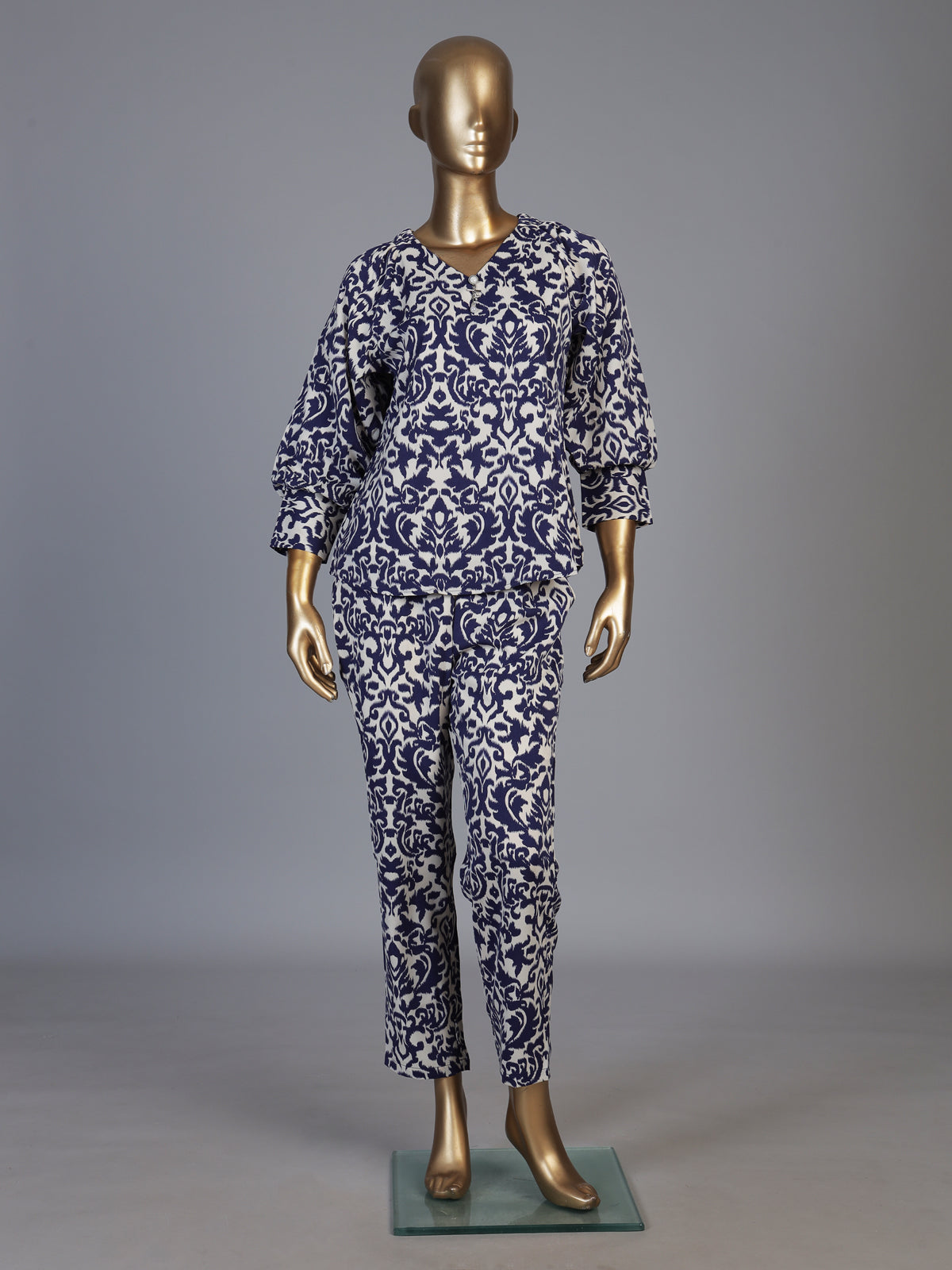 Blue rayon cotton printed pant co ord set with V neck