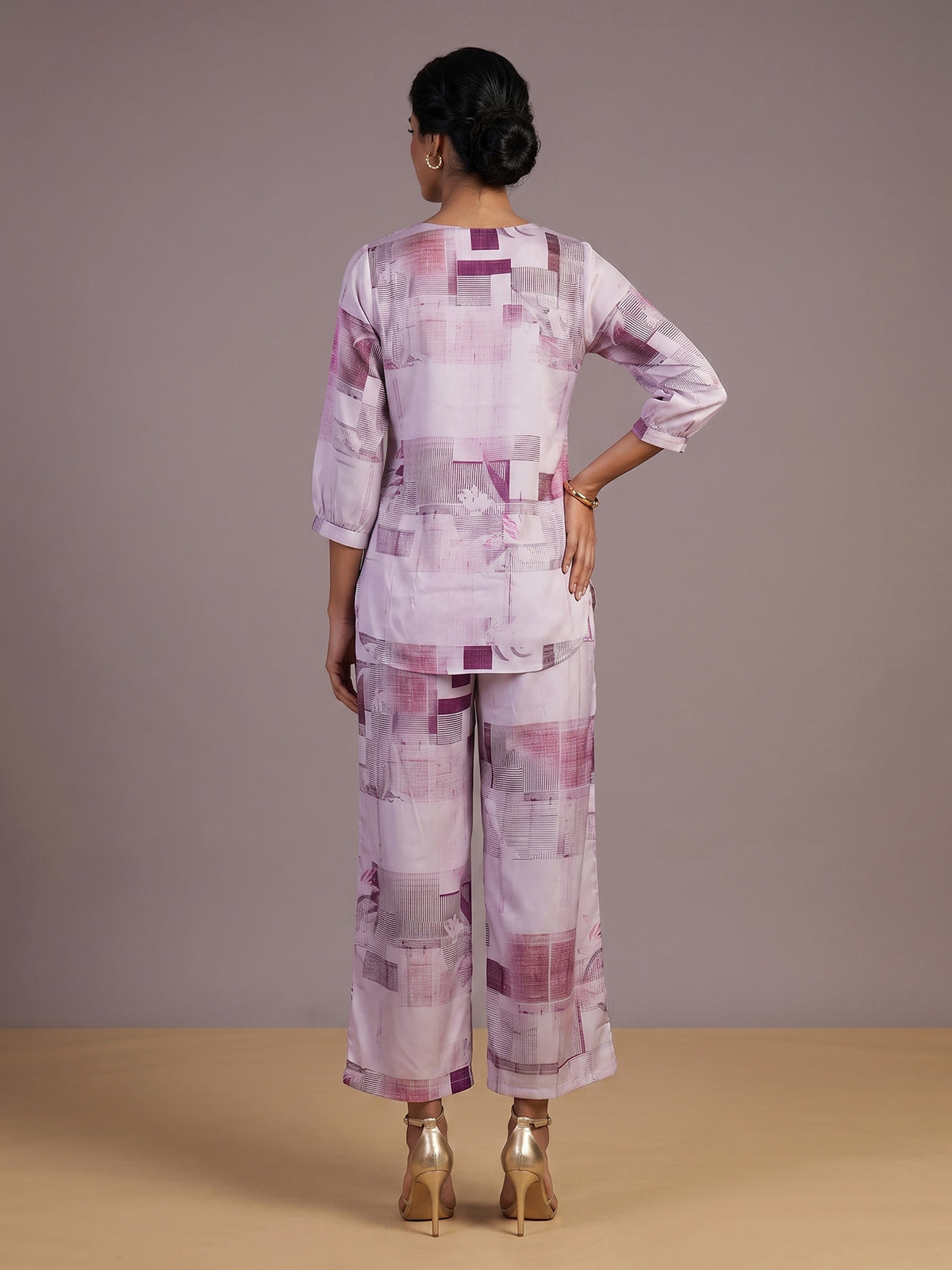 Purple satin printed palazzo co ord set with quarter sleeves