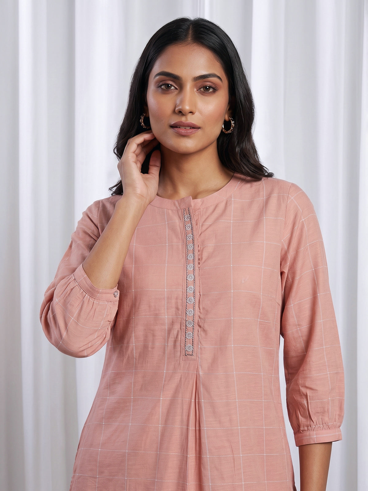 Peach silk checked stand collar co ord set with pants